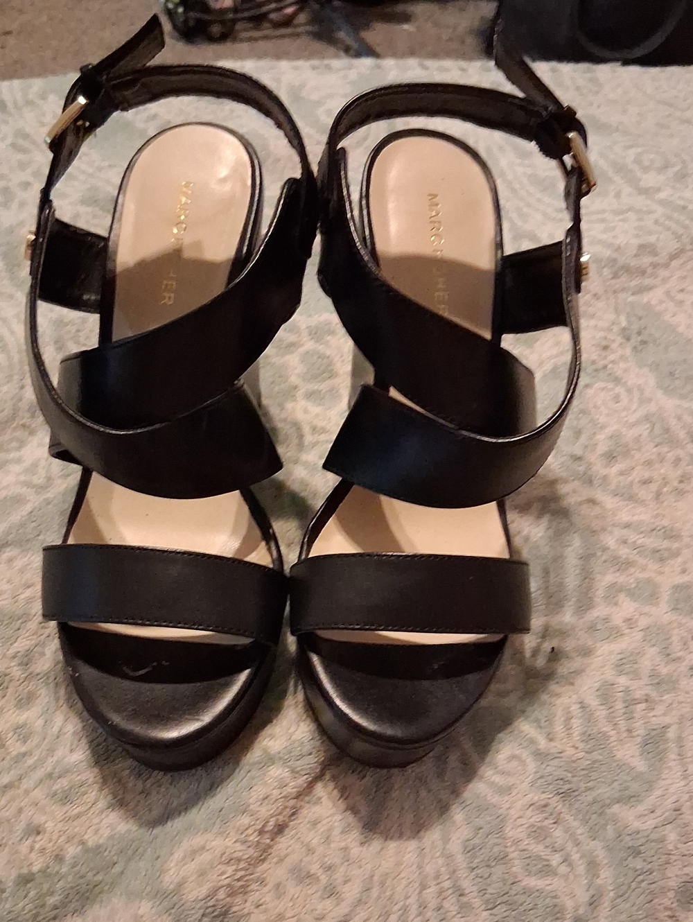 Marc Fisher Black Leather Strappy Wedge Sandals